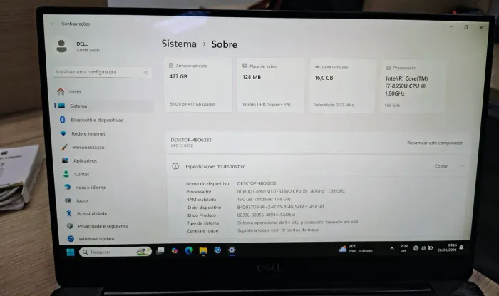 Ultrabook Dell XPS 9370 tela 13,4" 4k touch Core i7 16gb SSD512
