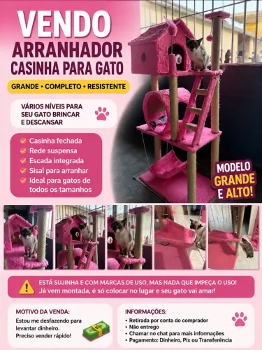 Arranhador/Casinha para Gato Rosa Grande com Rede e Escada