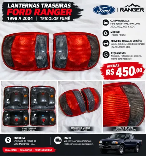 Par Lanterna Traseira Ford Ranger 1998 A 2004 Tricolor Fumê.