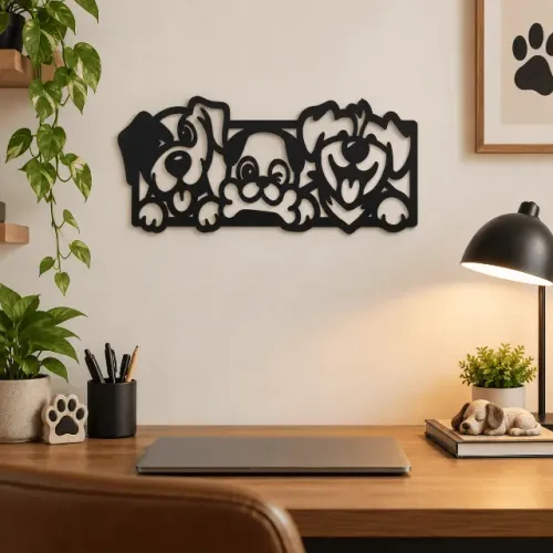 Quadro Decorativo Mdf Cachorros E Patinhas Recorte Vazado
