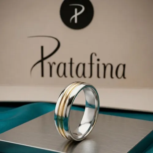 Aliança/Anel Pratafina Aço de Alta Qualidade com Filete Dourado - Aro 24