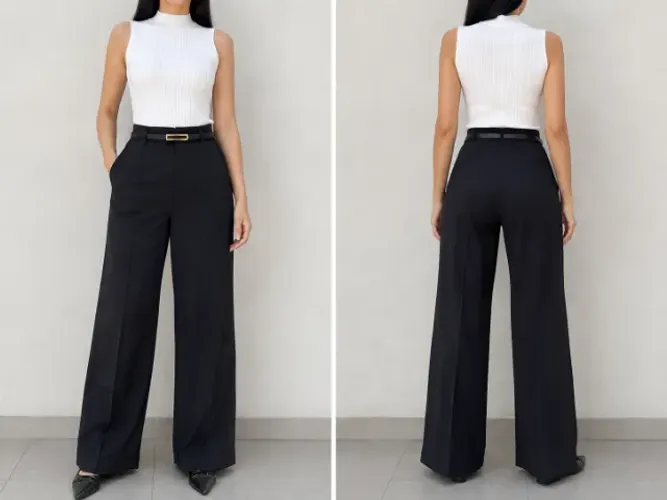 Calça Social Feminina Preta Pantalona com Cinto Tam. 38