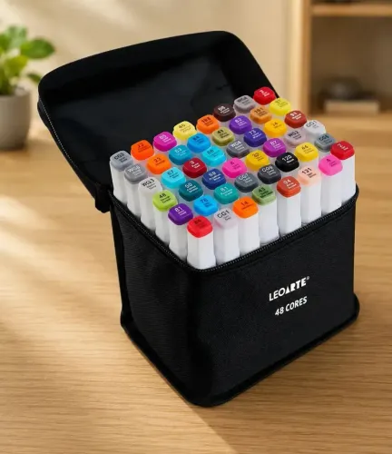 Kit Caneta Ponta Dupla com Estojo de Tecido com 48 cores