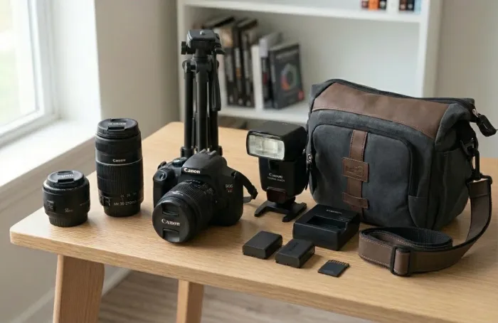 Kit Fotográfico Canon T5 Completo + 3 Lentes + Flash 430EX II + Tripé + Bolsa Premium