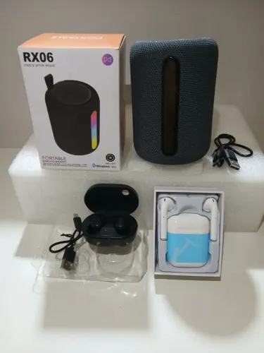 Kit Eletrônico - Caixa de Som portátil Buetooth LED RGB + 2 fones de ouvido Bluetooth