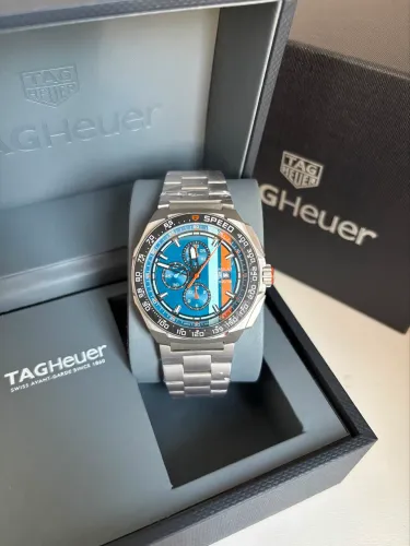 Relógio Masculino Tag Heuer Formula 1 Azul Gulf 44mm Prem AAA+ Cronógrafo Aço
