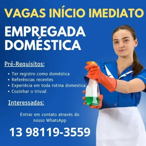 Vaga Para Empregada Doméstica Com Experiencia e Referências em Santos