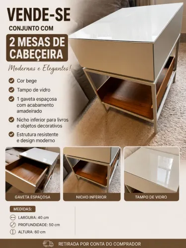 Mesas de Cabeceira Modernas Bege com Tampo de Vidro