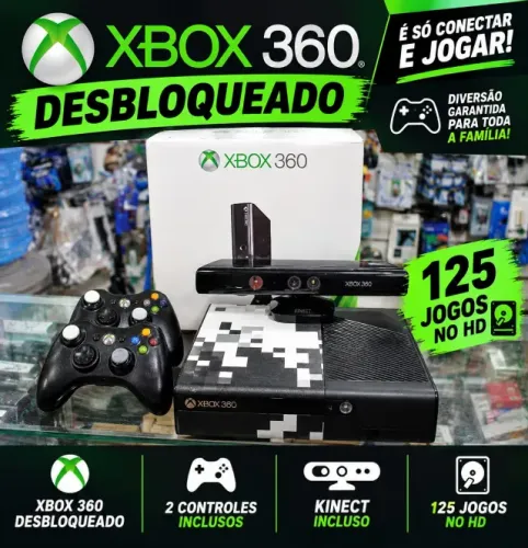 video game xbox 360 desloq. c/2 controles + kinect + 125 no hd + caixa
