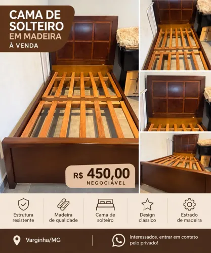 CAMA DE SOLTEIRO EM MADEIRA À VENDA!