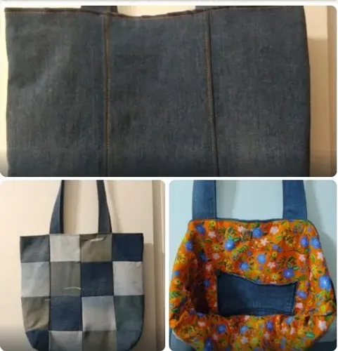 Bolsa artesanal jeans e tecido