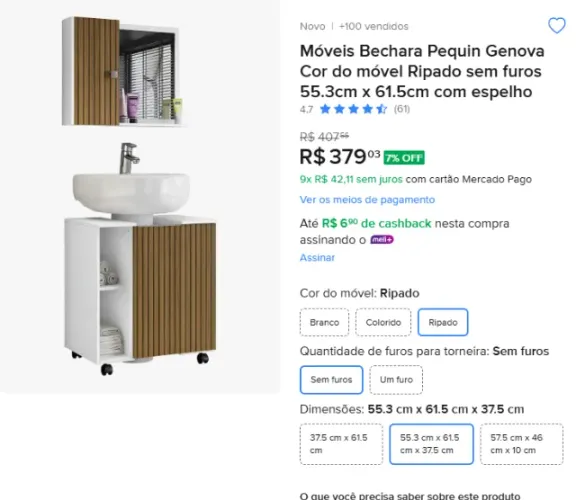 Espelheira e Armário Superior Gênova e Gabinete para banheiro Pequin