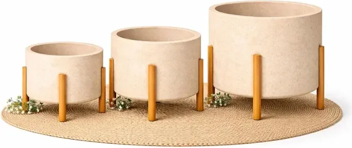 Conjunto 3 vasos nórdicos decorativos de polietileno com pés de madeira 
