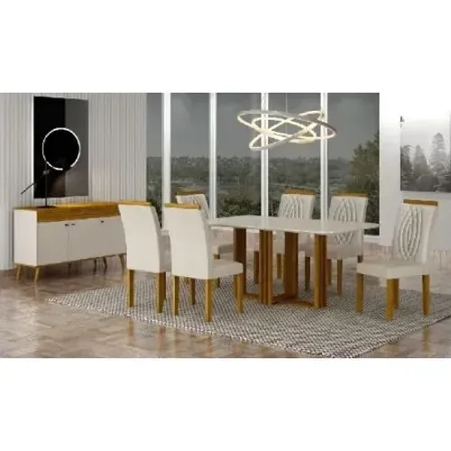 Mesa Jade 160x80 Vidro Off White C/ 6 Cad Freijo/joli Palha