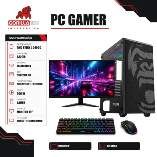 PC Gamer Completo Ryzen 5 2400G Vega 11 16GB SSD + Monitor - Gorilla Tech