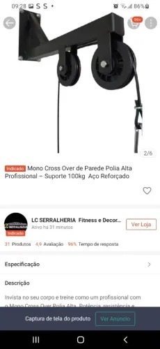 Mono Cross over de polia alta.Suporta até 100 kg