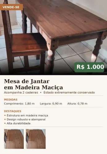 Mesa de jantar - madeira maciça para 4 pessoas (acompanha 2 cadeiras)
