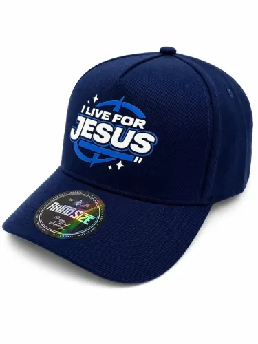 Boné Masculino Azul Marinho Rhino Size ?I Live For Jesus? Aba Curva