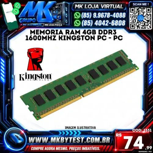 memoria Ram 4GB DDR3 1600MHZ Kingston PC - PC