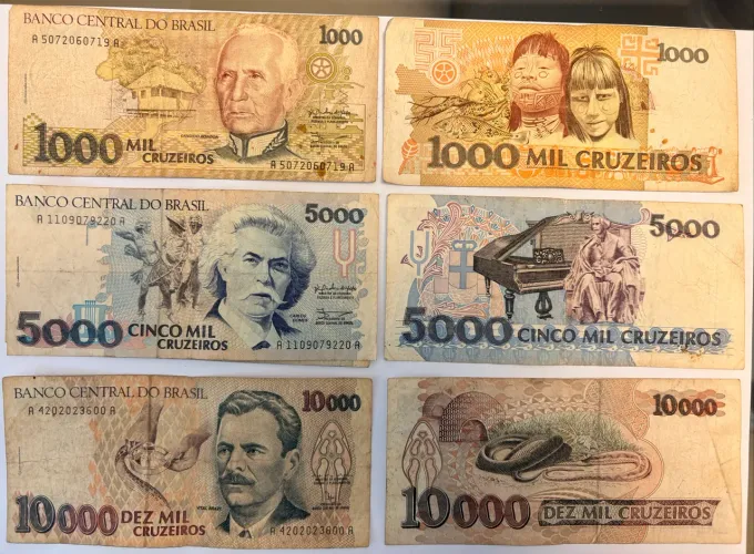 Notas antigas. 1000, 5000 e 10000 mil cruzeiros