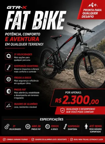 Mountain Bike GTR-X Fat Bike Aro 26 com 21 Velocidades e Freios a Disco