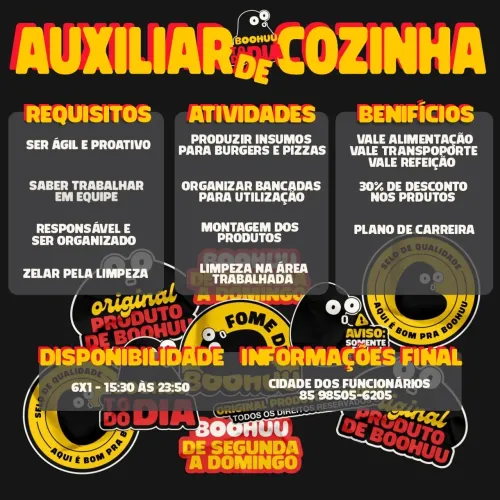 VAGA AUXILIAR DE COZINHA HAMBURGUERIA - CUDADE DOS FUNCIONÁRIOS