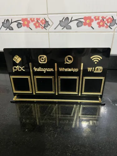Placa 4 Qr Code, Display Acrílico Preto E Dourado