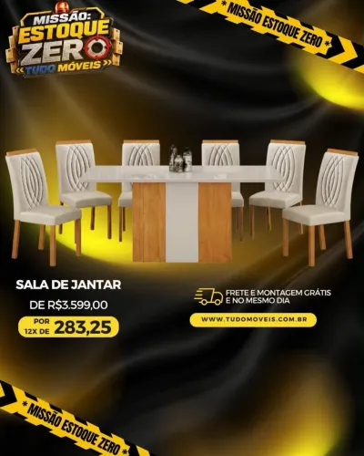 CONJUNTO DE MESA COM TAMPO DE VIDRO+6 CADEIRAS ACOLCHOADAS