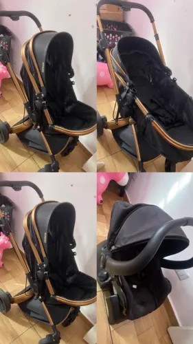Carrinho Galzerano Vulkan Silver Dourado + Bebê-Conforto