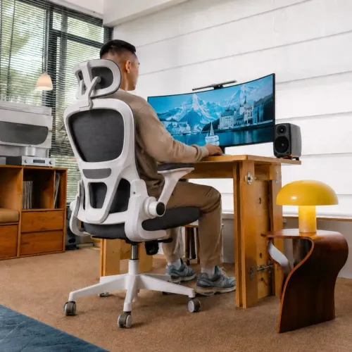 Cadeira de Escritório Suporte Lombar Ergonômico Malha Respirável Mesh (Cinza e Branco)