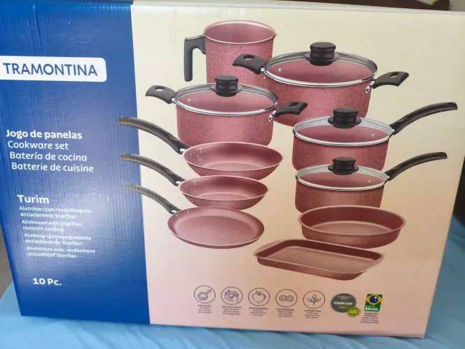 JOGO DE PANELAS TRAMONTIA 10 PEÇAS ALUMÍNIO ANTIADERENTE, ROSÉ LACRADA COM NOTA.