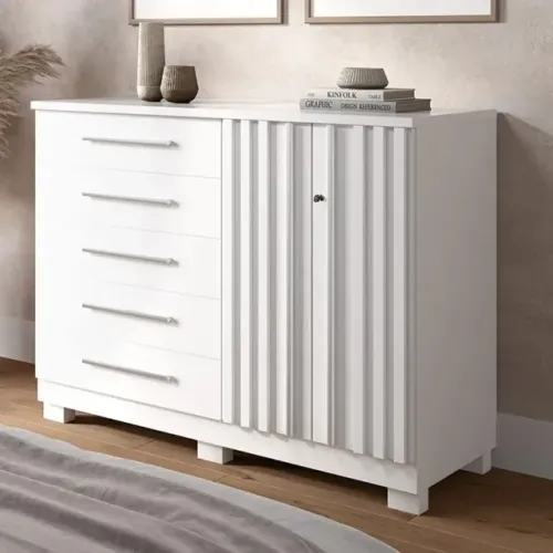Cômoda Bella 2 Portas 5 Gavetas 100% Mdf Ripado Branco -