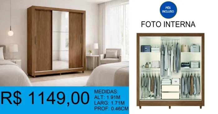 Guarda roupa compacto com espelho - entrega gratis 