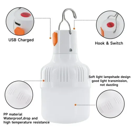 Lâmpada Portátil Recarregável USB Para Tendas de Feiras e Campings Luz Forte