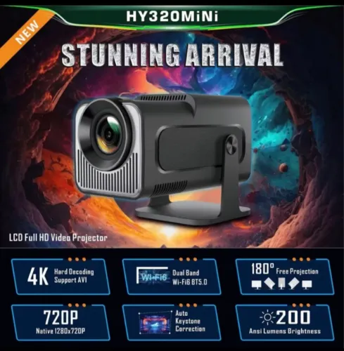 Projetor Mini HD HY320MiNi - 4K, Wi-Fi6, 180º