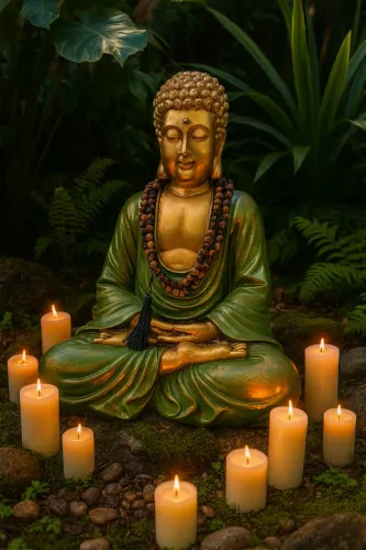 Buda Shakyamuni Verde 40cm Gesso Cerâmica Decoração