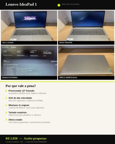 Notebook Lenovo IdeaPad 1 15IAU7 - Intel Core i5 12ª Geração - 8GB RAM - SSD 477GB
