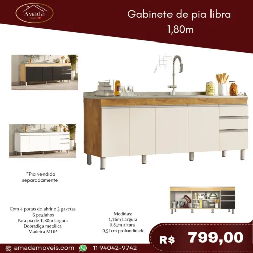 Gabinete para pia libra 1,80m , à pronta entrega
