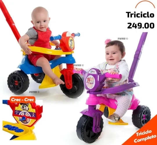 Triciclo velocípe completo com empurrador, proteção lateral e dos pés.