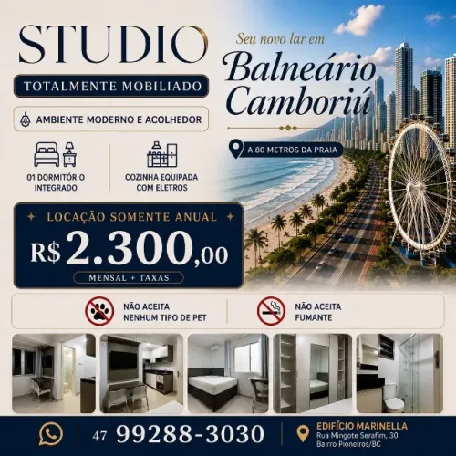 Studio Locação Anual Direto com Proprietário Apartamento 80 metros do Mar