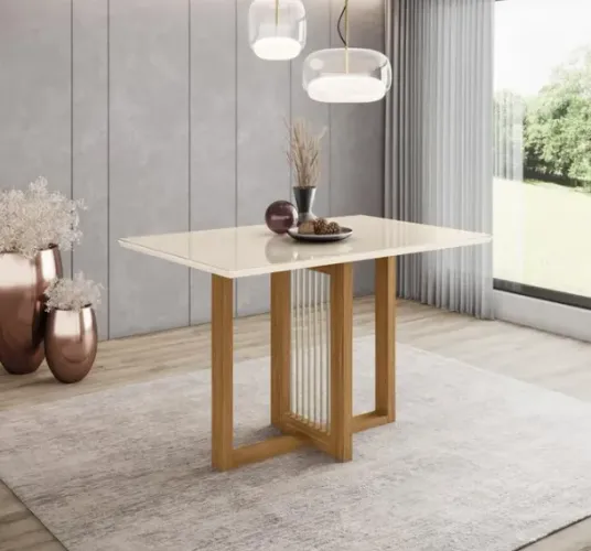 Mesa de Jantar Natalí c/ Tampo Madeirado Reto s/ Vidro 120x80cm