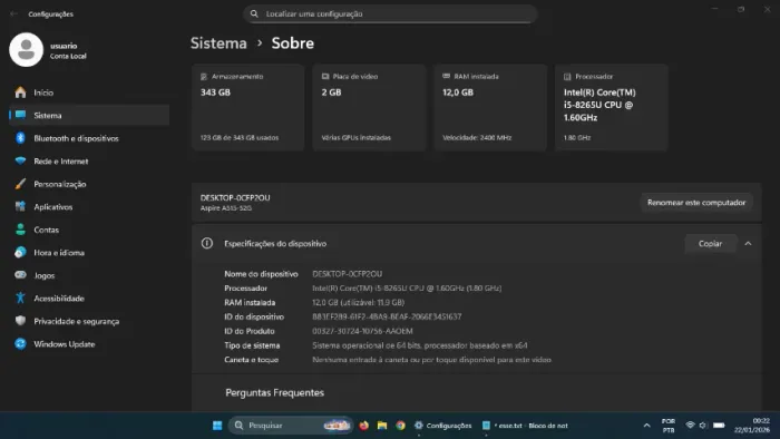 ACER Aspire A515-52G - CORE i5 8th geração 1.6GHz - 12GB RAM - SSD 350GB - R$ 1.000,00