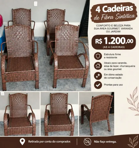 4 Cadeiras de Fibra Sintética (Área Gourmet/Jardim/Varanda)