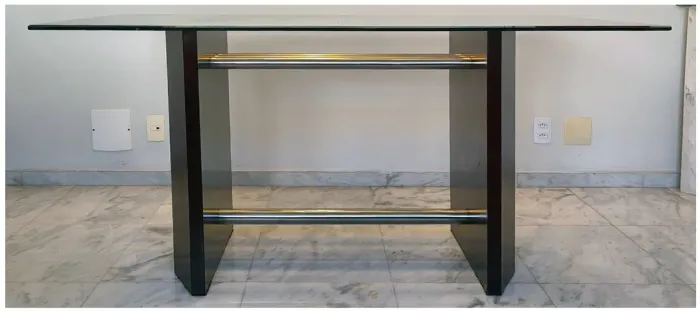 Mesa de Jantar Retangular 1,60x1,00, Tampo de Vidro 12cm Bisotado, Pés em Imbuia
