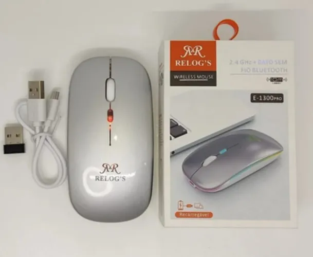 Mouse sem fio prata com branco Bluetooth e Wireless Promoção Novo
