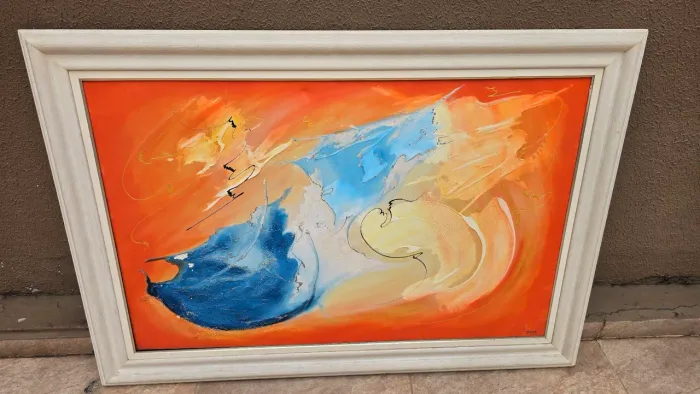 Quadro abstrato pintura à óleo com moldura creme