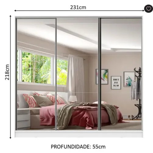 Guarda-Roupa Casal 100% MDF Madesa Royale 3 Portas de Correr de Espelho Branco