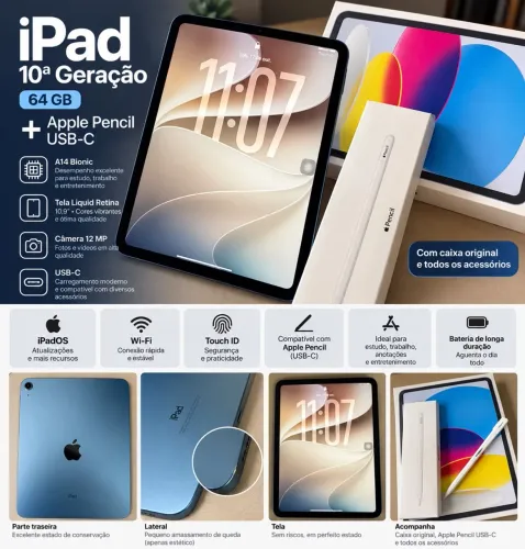 iPad 10ª Geração 64GB Azul + Apple Pencil USB-C Original