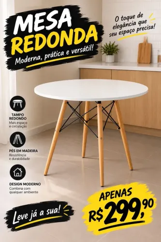 ? Mesa redonda com pés de madeira, moderna e elegante! Aproveite por R$ 299,90!