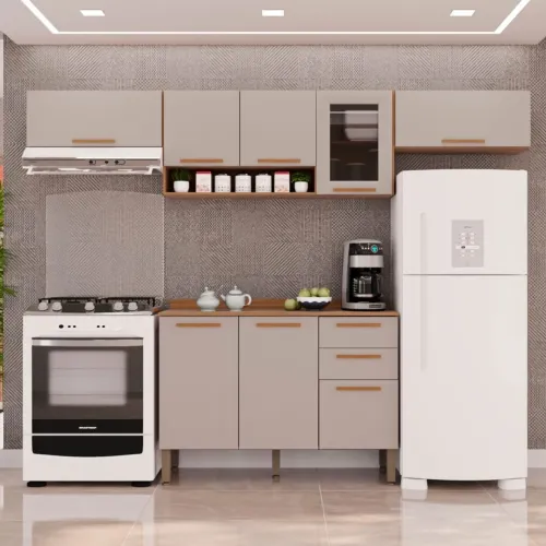 Cozinha completa com armário com vidro valência Cinamono off white - ENTREGA HOJE !!!